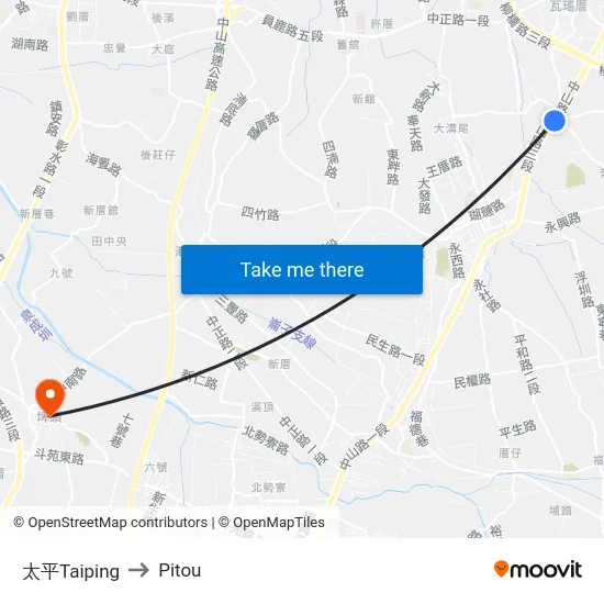 Taiping to Pitou map