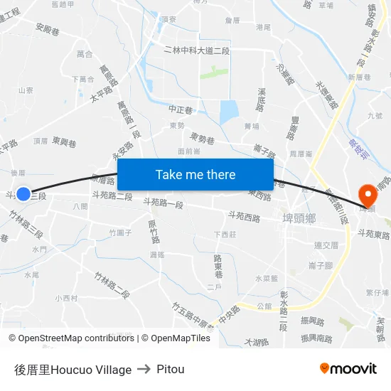 Houcuo Village to Pitou map