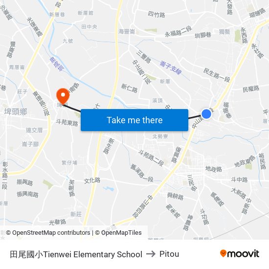 田尾國小Tienwei Elementary School to Pitou map