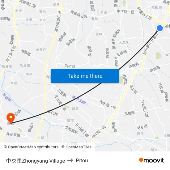中央里Zhongyang Village to Pitou map