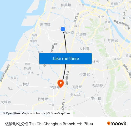 Tzu Chi Changhua Branch to Pitou map