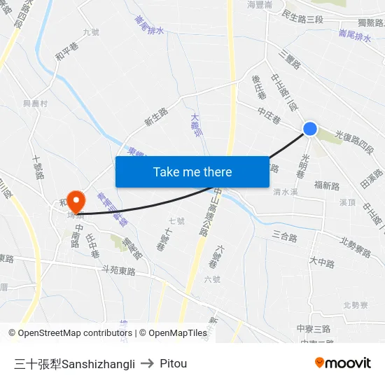 Sanshizhangli to Pitou map