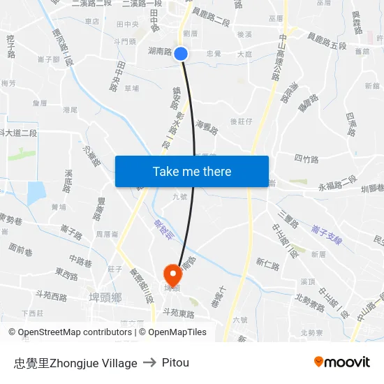 忠覺里Zhongjue Village to Pitou map