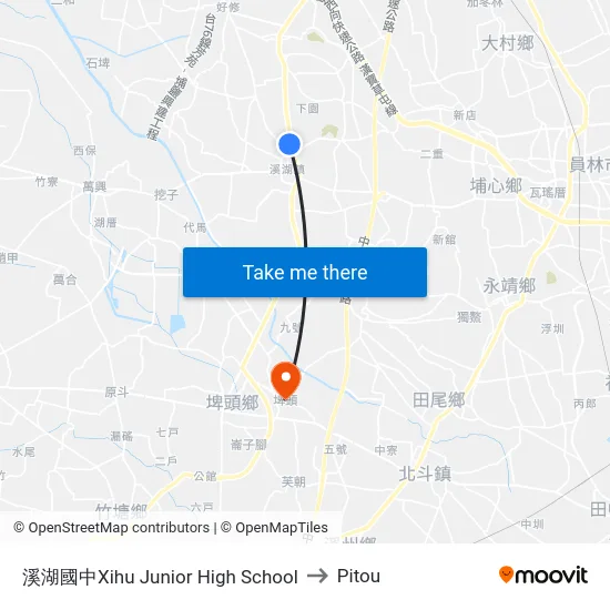 溪湖國中Xihu Junior High School to Pitou map