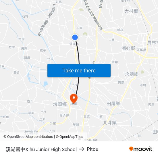 溪湖國中Xihu Junior High School to Pitou map