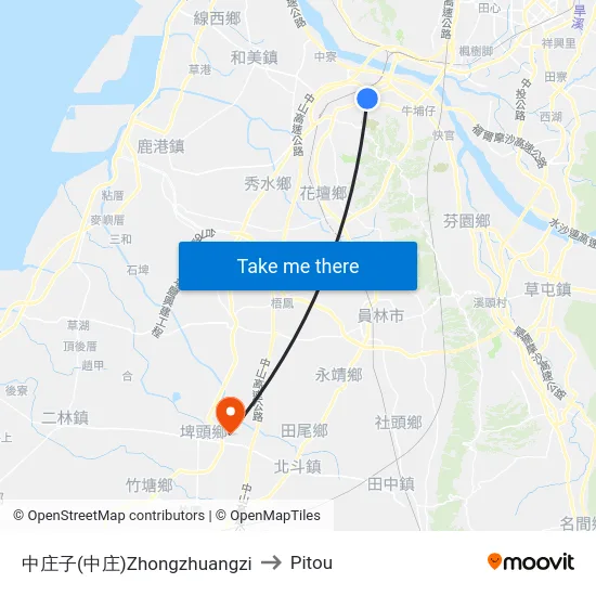 中庄子(中庄)Zhongzhuangzi to Pitou map