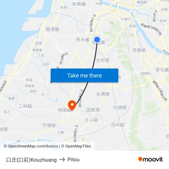 Kouzhuang to Pitou map