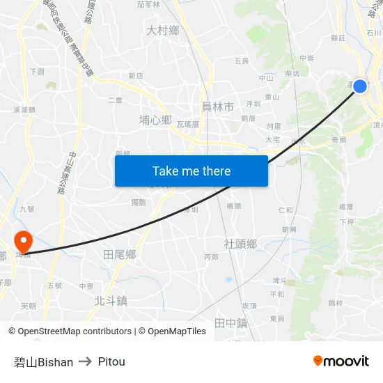 Bishan to Pitou map