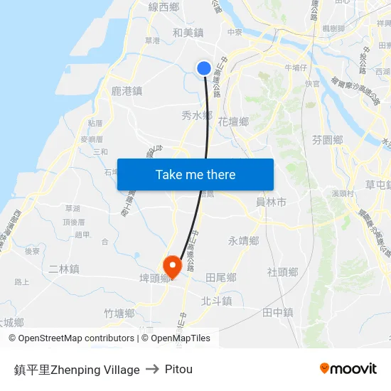 鎮平里Zhenping Village to Pitou map