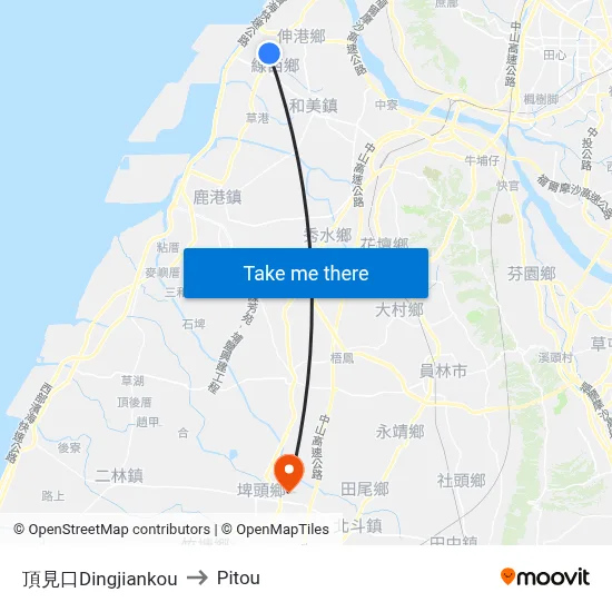 Dingjiankou to Pitou map