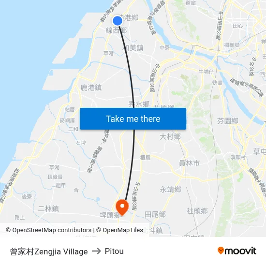 曾家村Zengjia Village to Pitou map