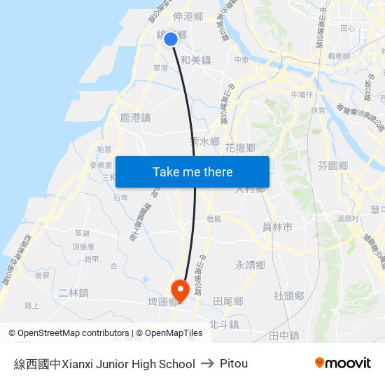 線西國中Xianxi Junior High School to Pitou map