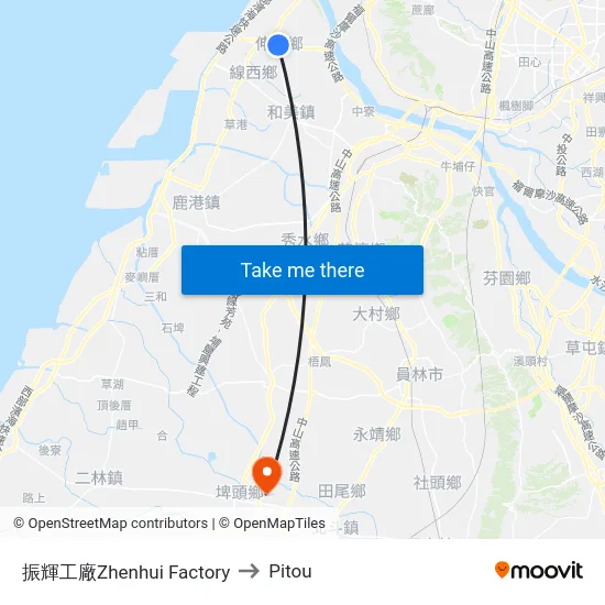 Zhenhui Factory to Pitou map