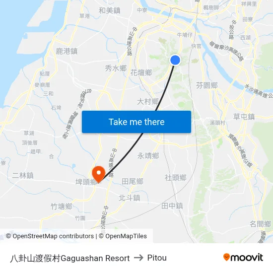 八卦山渡假村Gaguashan Resort to Pitou map