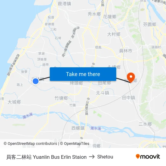 員客二林站 Yuanlin Bus Erlin Staion to Shetou map
