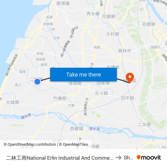 二林工商National Erlin Industrial  And Commercial Vocational High School to Shetou map