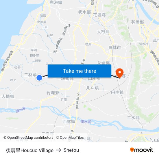 後厝里Houcuo Village to Shetou map