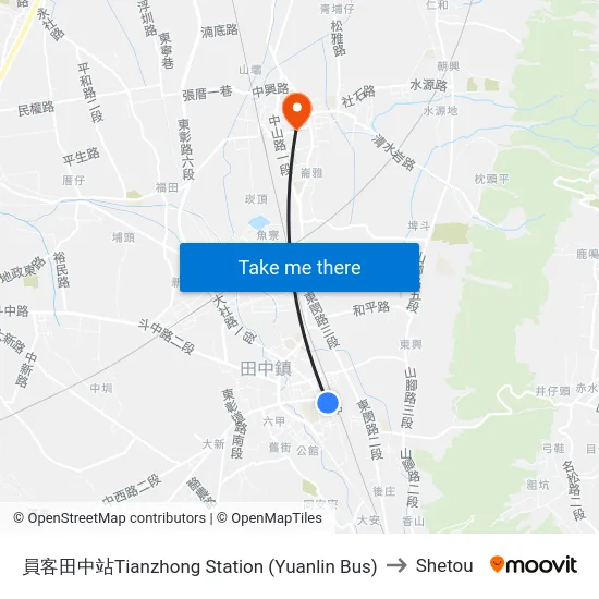 員客田中站Tianzhong  Station (Yuanlin Bus) to Shetou map