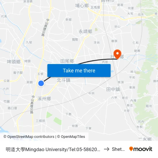 明道大學Mingdao University/Tel:05-5862018 to Shetou map