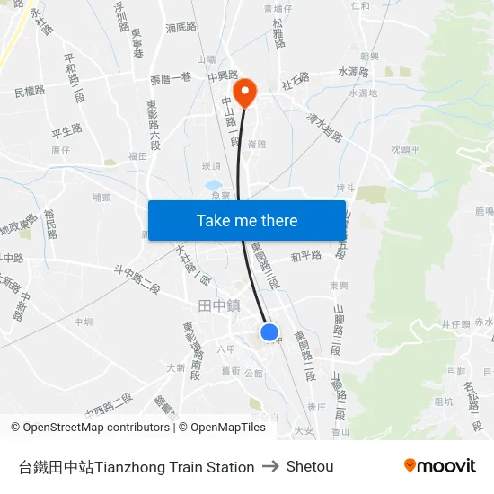 台鐵田中站Tianzhong Train Station to Shetou map