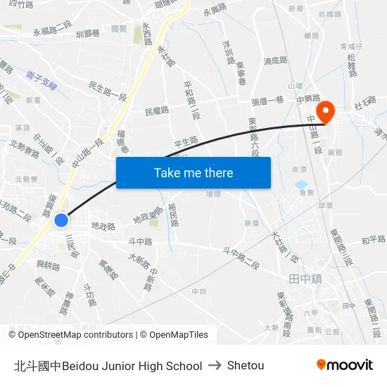 北斗國中Beidou Junior High School to Shetou map