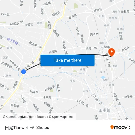 田尾Tianwei to Shetou map