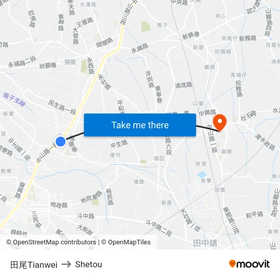 田尾Tianwei to Shetou map