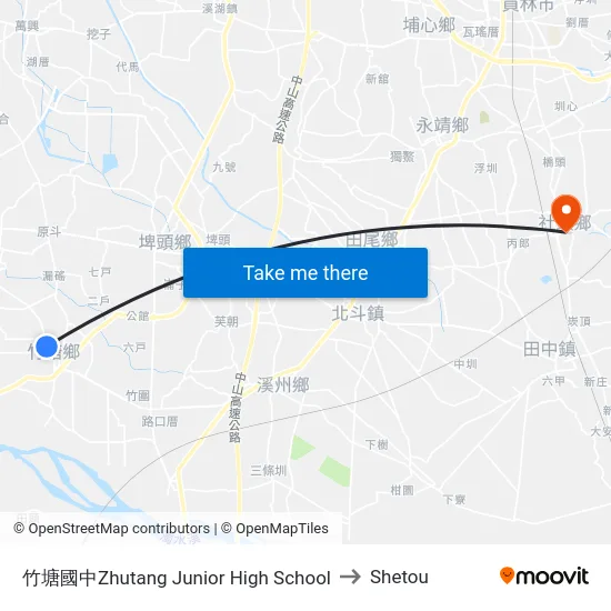竹塘國中Zhutang Junior High School to Shetou map