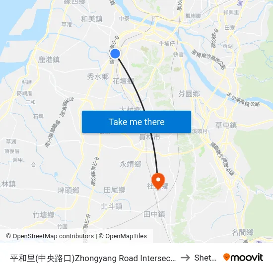 Zhongyang Road Intersection to Shetou map