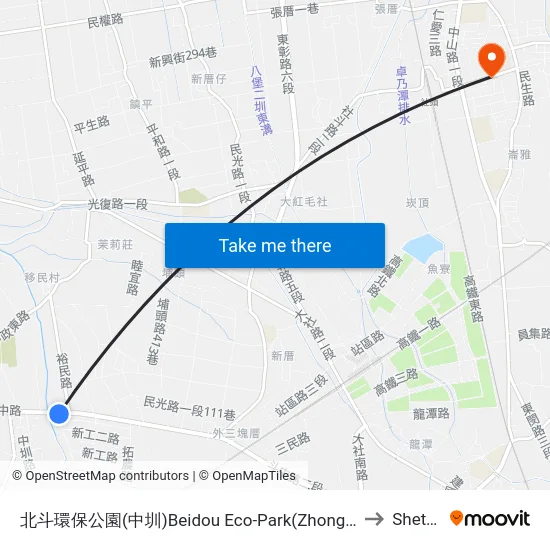 Beidou Eco-Park (Zhongzun) to Shetou map
