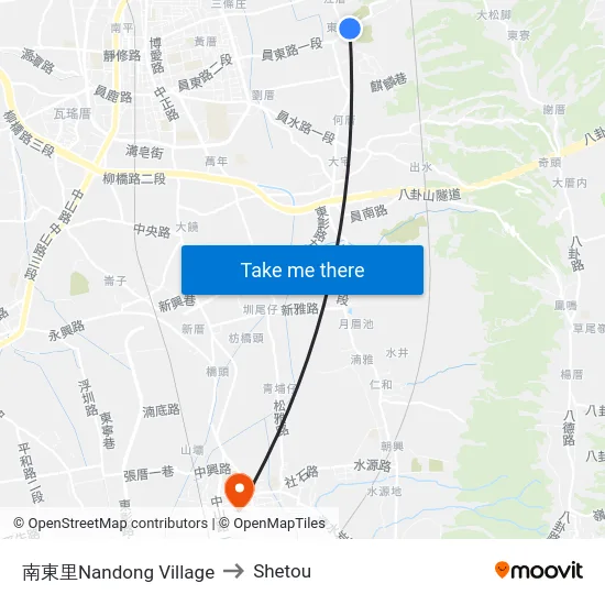 Nandong Village to Shetou map