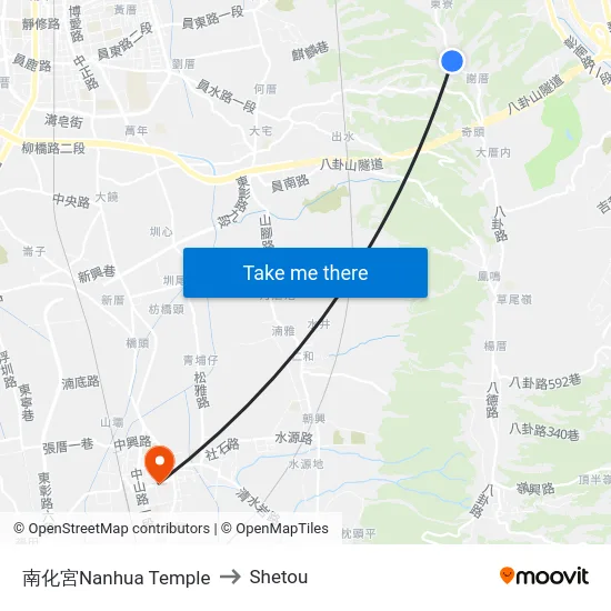 Nanhua Temple to Shetou map