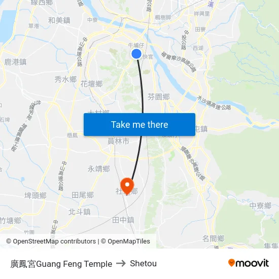 Guang Feng Temple to Shetou map