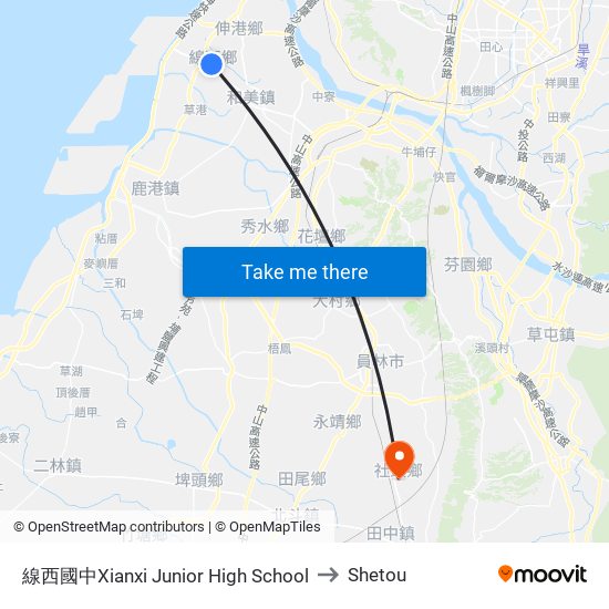 線西國中Xianxi Junior High School to Shetou map