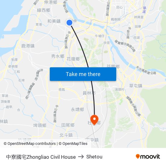 中寮國宅Zhongliao Civil House to Shetou map