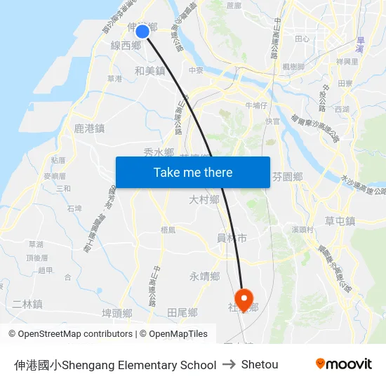 伸港國小Shengang Elementary School to Shetou map