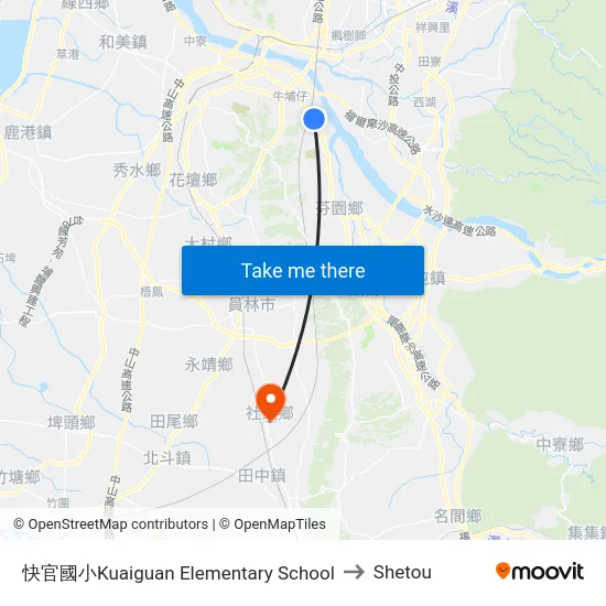 快官國小Kuaiguan Elementary School to Shetou map