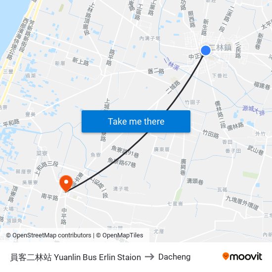 員客二林站 Yuanlin Bus Erlin Staion to Dacheng map