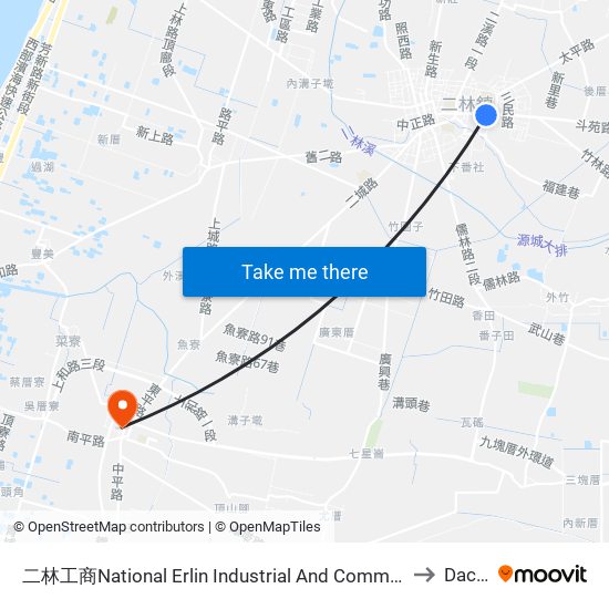 二林工商National Erlin Industrial  And Commercial Vocational High School to Dacheng map