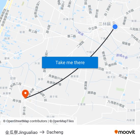 金瓜寮Jingualiao to Dacheng map