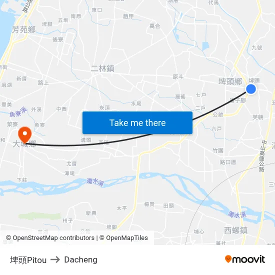 埤頭Pitou to Dacheng map