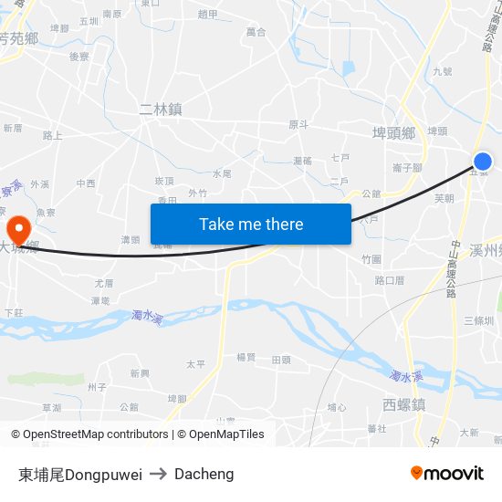 東埔尾Dongpuwei to Dacheng map