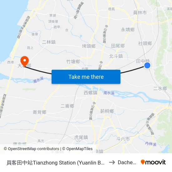 員客田中站Tianzhong  Station (Yuanlin Bus) to Dacheng map