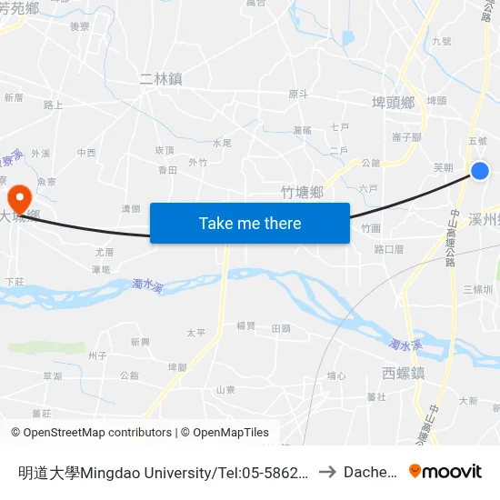 明道大學Mingdao University/Tel:05-5862018 to Dacheng map
