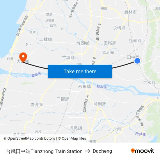 台鐵田中站Tianzhong Train Station to Dacheng map