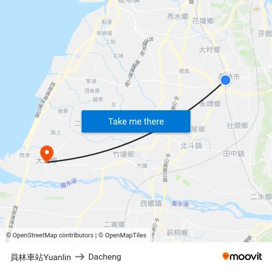 Yuanlin Station to Dacheng map