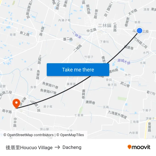 Houcuo Village to Dacheng map