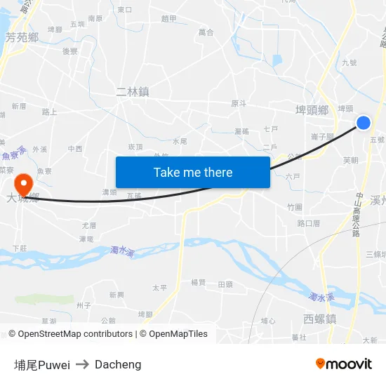 埔尾Puwei to Dacheng map
