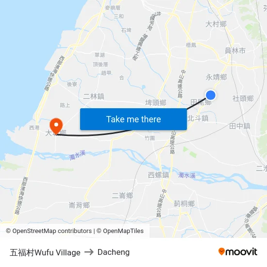 五福村Wufu Village to Dacheng map