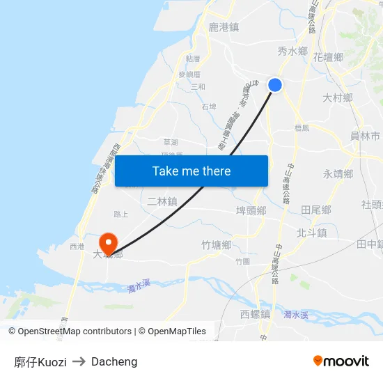 Kuozi to Dacheng map